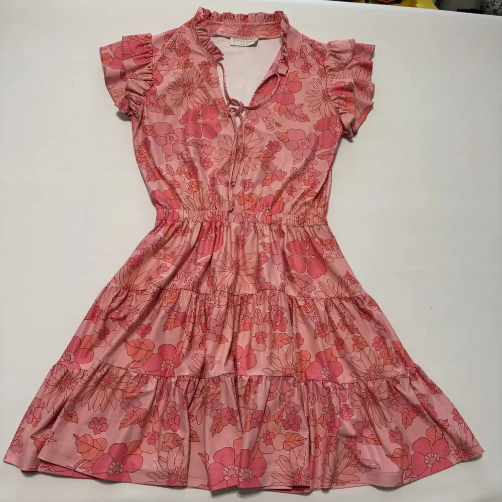 SMITH & QUINN High smocked/ruffled split 60’s Retro Pink Floral Dress Size XSm - Picture 8 of 14
